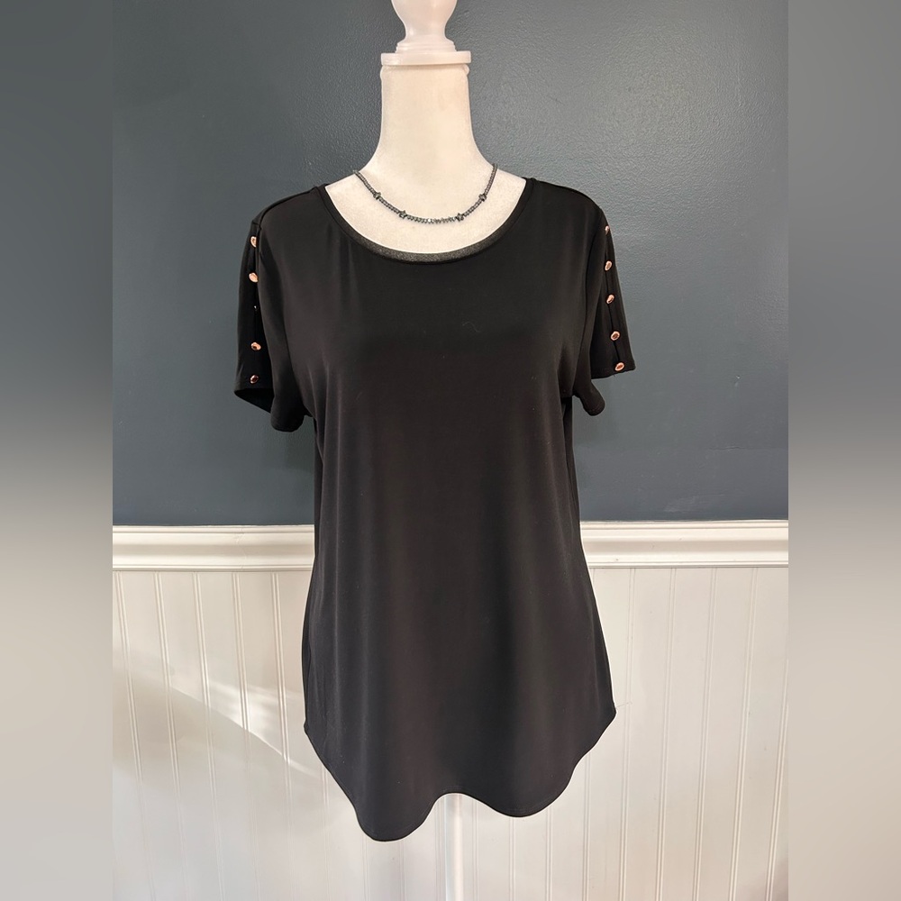 Tahari Black Short Sleeve Top with Gold Button Details